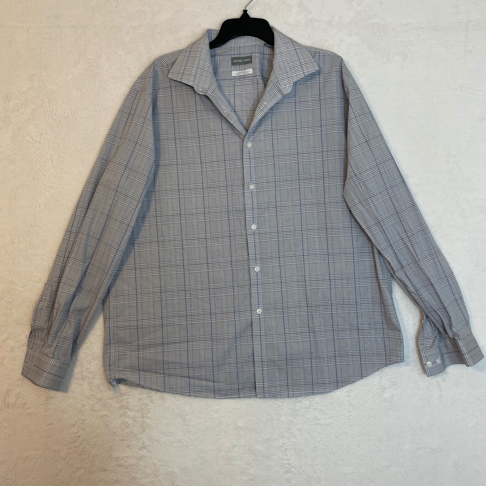 Michael Kors Regular Fit Airsoft Stretch Plaid Dress Shirt Size 16 37 Blue Gray